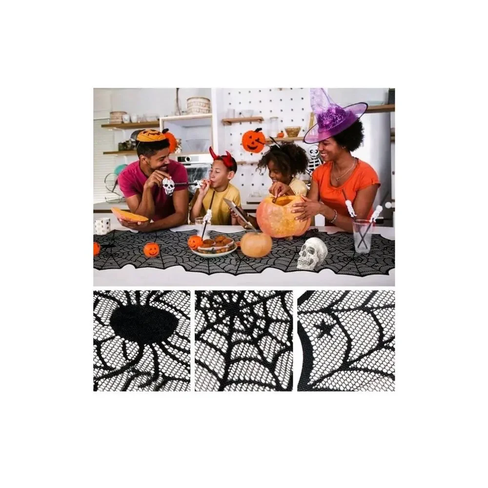 Halloween Black Lace Spider Web Table Runner Tablecloth Home Table Decor72-18 in